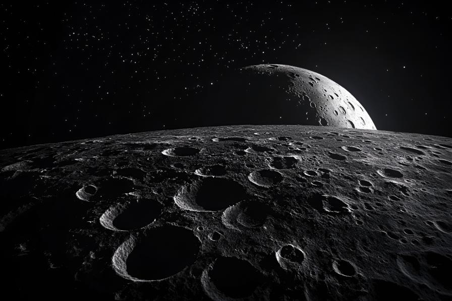 太空3D渲染月球表面背面对比星空场景插画（商业使用）